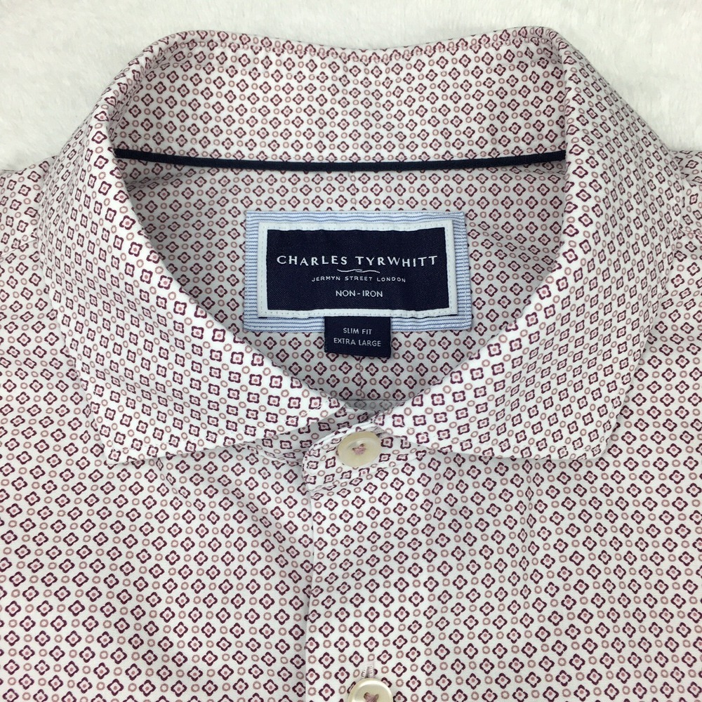 Charles Tyrwhitt Dress Shirt Mens XL Burgundy/Pink Print Slim Fit Non Iron - Picture 3 of 10